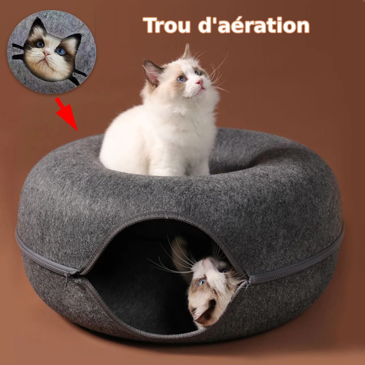 Nid tunnel rond 2-en-1 pour chat
